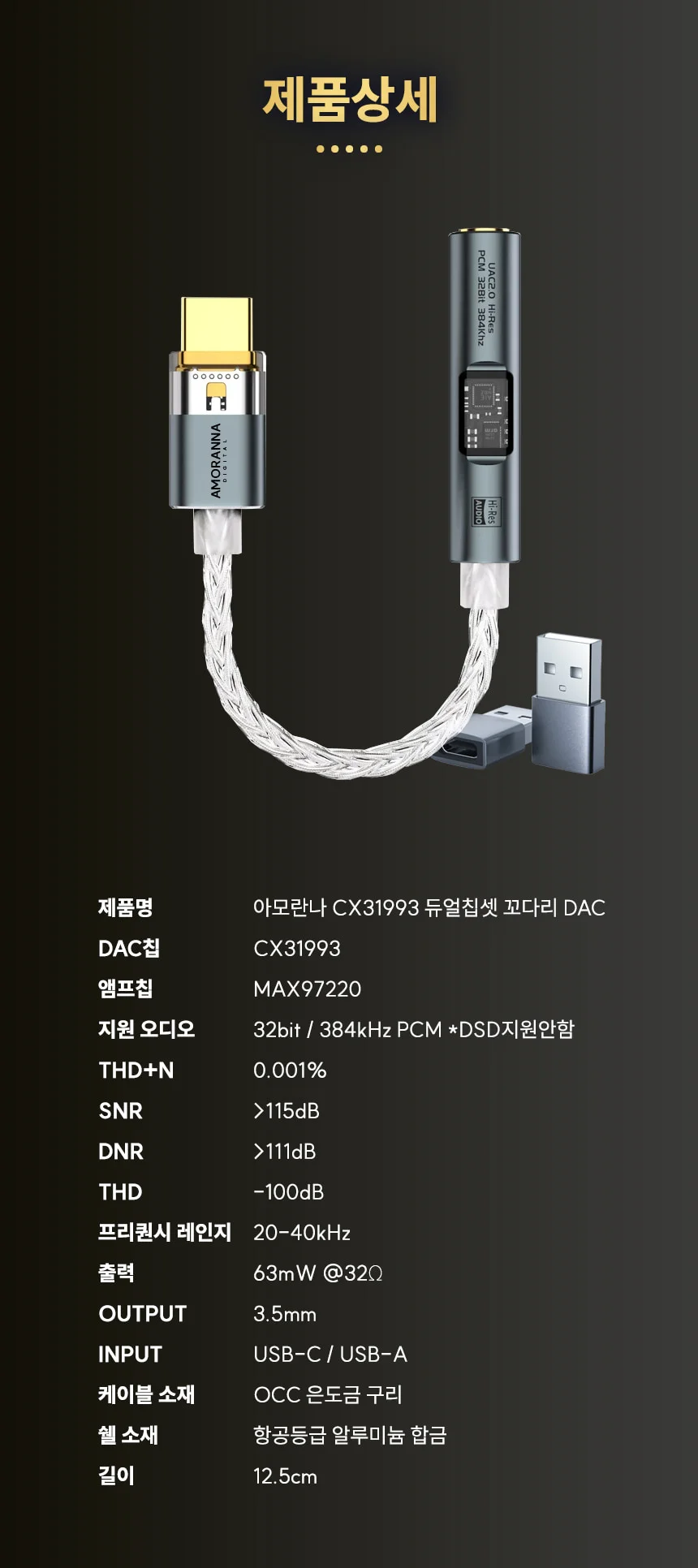 꼬다리 DAC C타입 A타입 이어폰 3.5mm 젠더 CX31993 MAX97220 상세 이미지 10