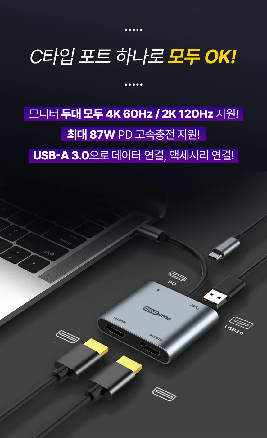 노트북 모니터 2대 연결 C타입 HDMI 4in1 허브 4K 60hz 상세 이미지 2