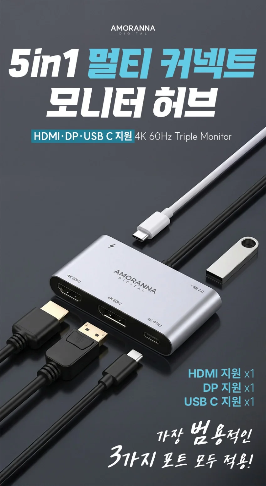 아모란나 C타입 HDMI DP USB C 허브 젠더 분배기 노트북 화면 확장 5in1 상세 이미지 3