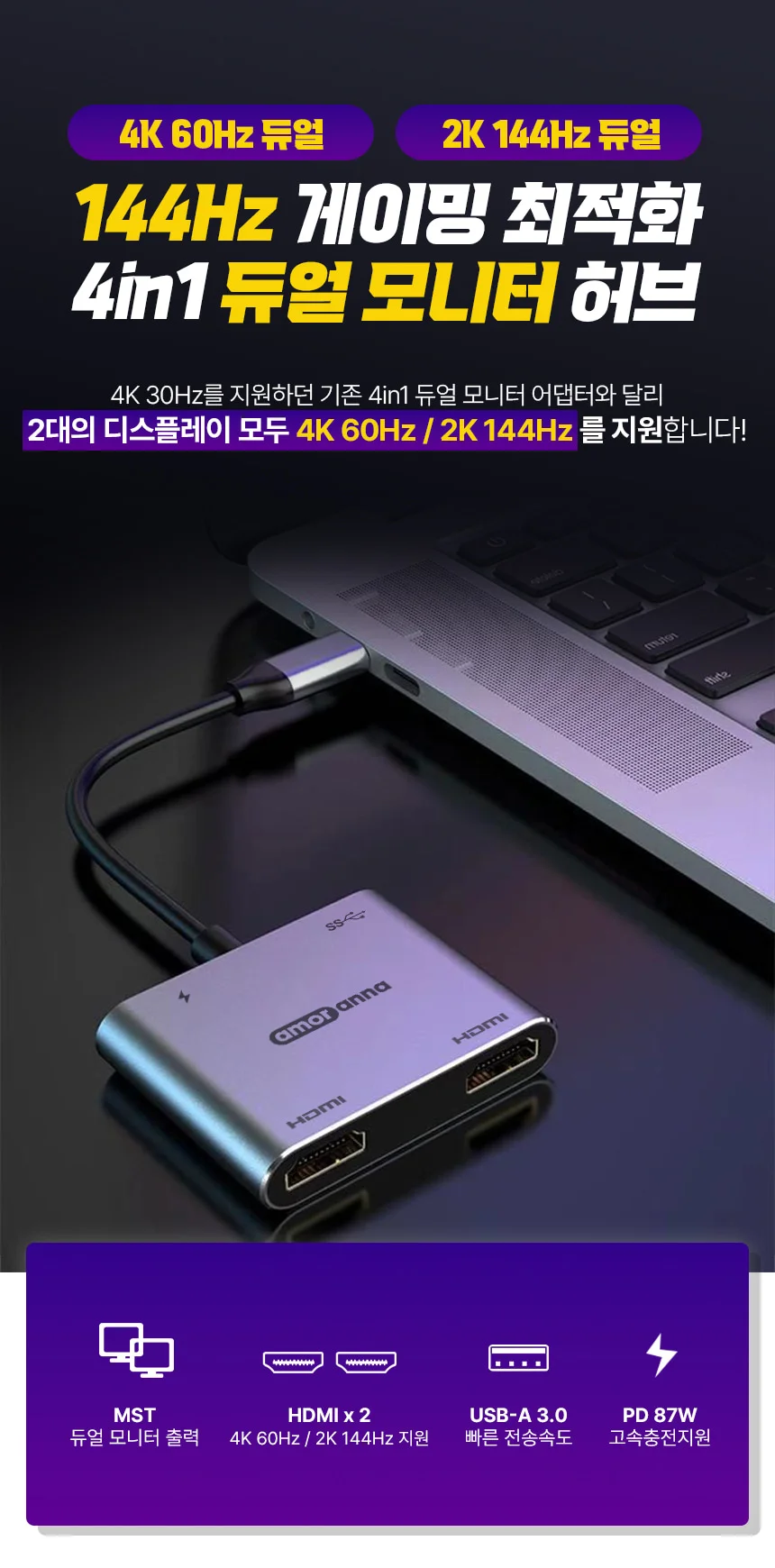노트북 모니터 2대 연결 C타입 HDMI 4in1 허브 4K 60hz 상세 이미지 1