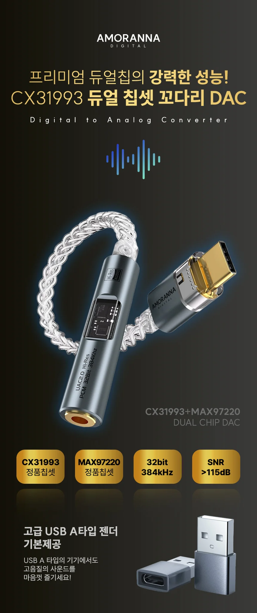 꼬다리 DAC C타입 A타입 이어폰 3.5mm 젠더 CX31993 MAX97220 상세 이미지 1