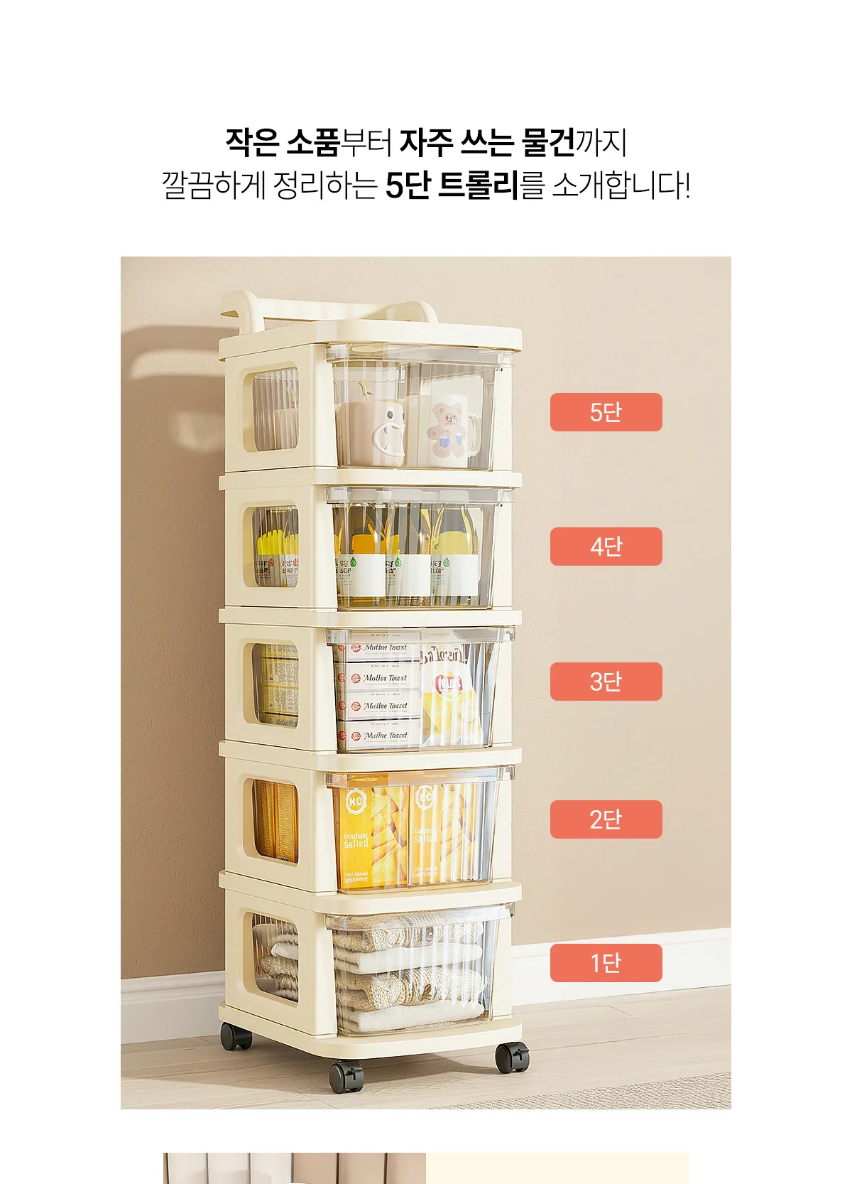 반투명 서랍형 이동식 5단 트롤리 상세 이미지 3