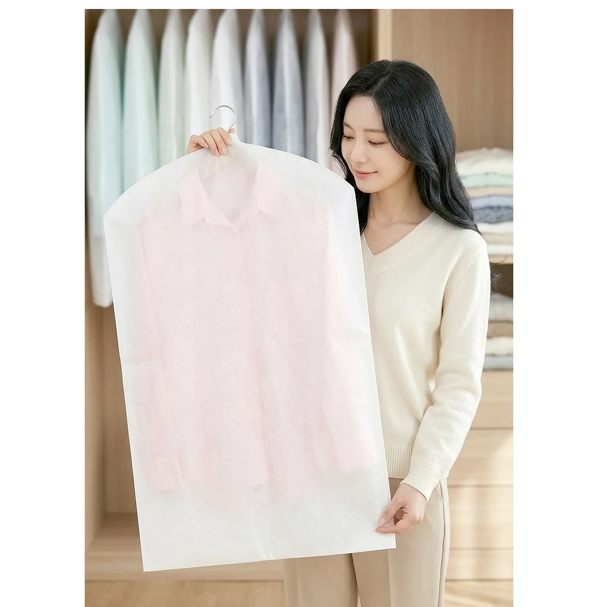 [아모란나] 화이트 부직포 옷커버 양복 코트 옷보관 상세 이미지 8